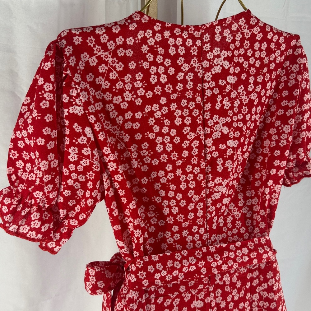 Red Floral Crepe Wrap Dress with Ruffle Sleeves - Small - Picture 8 of 15